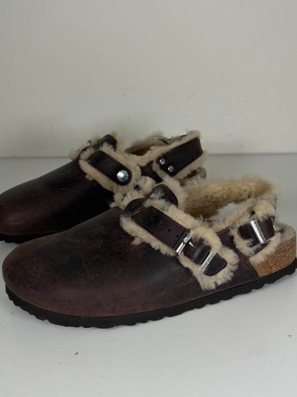 Fur Lined Oiled Leather Boston Style Birkenstock Clogs